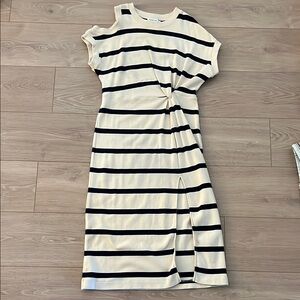 Tanya Taylor One Shoulder Cream and Black Striped Dress